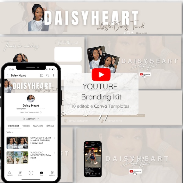 YouTube Branding Kit |  editable Youtube Intro Banner Outro Thumbnails, Canva Template, neutral