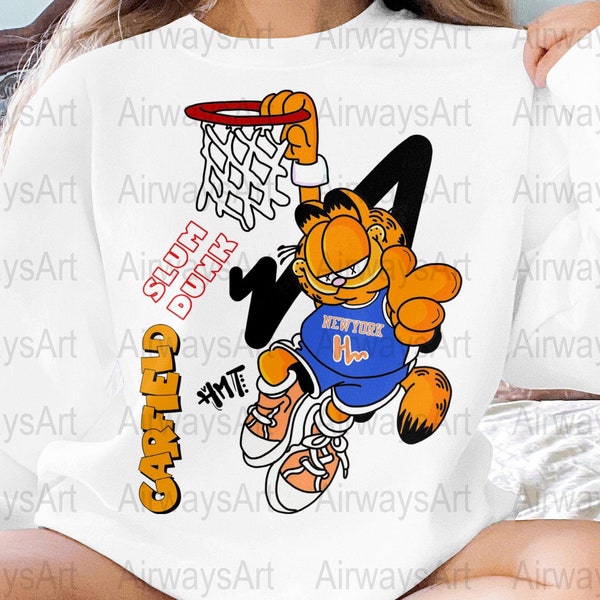 Garfield Basketball Slam Dunk PNG, Comic Cat Digital Art, New York Hoops Fan Art, Orange Tabby Sports Illustration