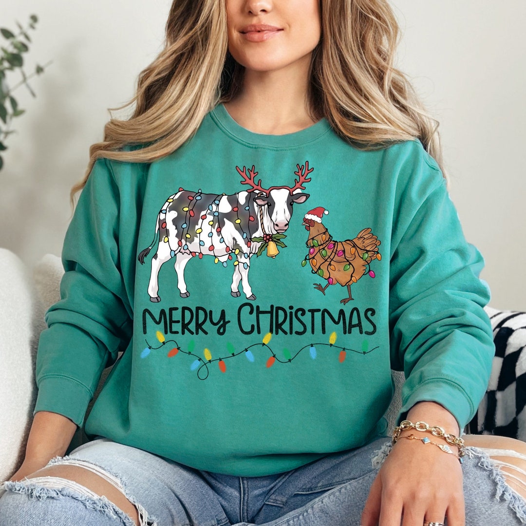 Farm Animal Christmas Png, Christmas Farm Png, Cute Cow Christmas Lights Png, Chicken Christmas