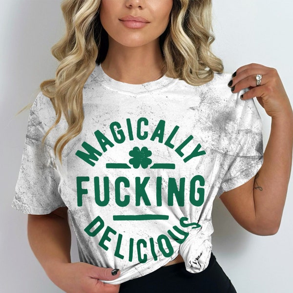 St. Patrick's Day Shirt Design, Magically Delicious Funny Quote, Irish Celebration Graphic PNG, Adult Humor Clover Print, Green Text Tee