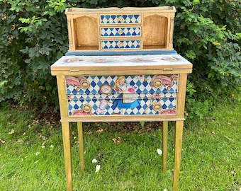 Antique Mini Desk | Re-Designed | Alice in Wonderland | Decoupage | Bright Design | Writing Table | Kids Room | Handmade | KiyanStudio