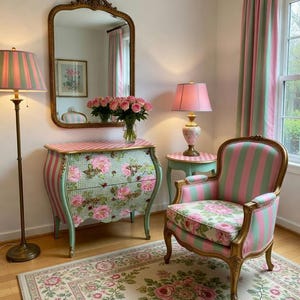Cómoda rococó sueca vintage / Menta, rayas rosas y decoupage de rosas