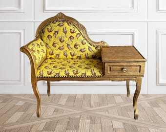 Vintage Bench | Re-Designed | Mini Furniture | Telephone Bench | Gold Leaf | Yellow Fabric | 100% Cotton | Handmade | KiyanStudio