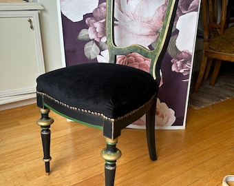 Antique Chair | Re-Designed | Black Velvet | Dinning Room | Handmade | Green&Gold finish | KiyanStudio