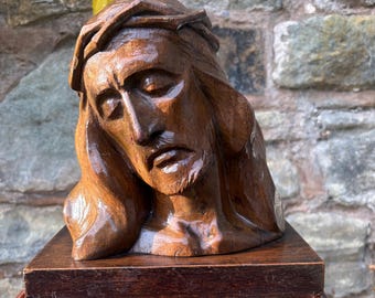 Vintage Hand Carved Wooden Bust Of Jesus Christianity Home Decor