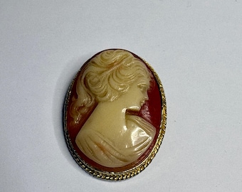 May include: Oval cameo brooch featuring a profile of a woman with flowing hair. The cameo is cream-colored, set against a red background, and framed by a gold-colored rope-like border. A classic piece of jewelry.