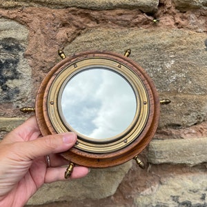 Vintage Small Oak & Brass Ships Wheel Mirror,  Home Decor,  Coastal Retreat Mirror, Bathroom Mirror, Cottage Mirror, Sailing Mirror.