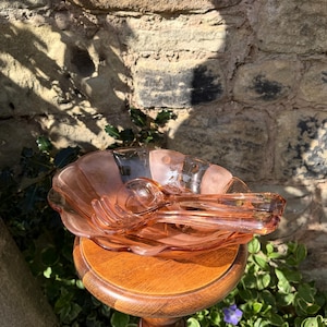 Stolzle Large Art Deco Pink Glass Clam Shell Salad Bowl and Servers c1930s