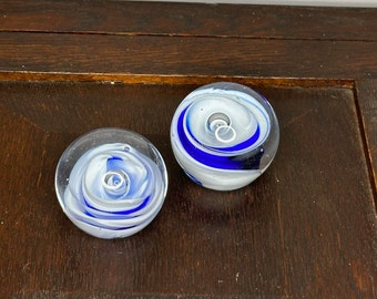 Pair of Art Glass Blue & White Swirl Paperweights. Glass Art. Home Decor. Paperweight Collection.