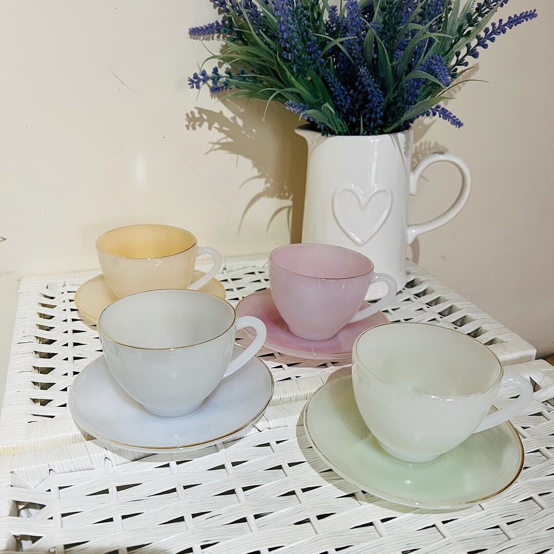 Vintage French Acropal Pastel Opalescent Tea Cups & Saucers Harlequin