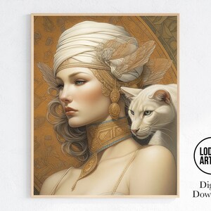 Goddess Freyja Art Print: Norse Mythology, White Cat (Digital Download)