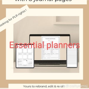 May include: A digital marketing product listing for 8 printable planner pages with commercial rights. The image shows three different planner pages on a laptop, tablet, and phone. The text "Essential Planners" is in red and the text "Yours to rebrand, edit & resell @craftymessjj" is in black.