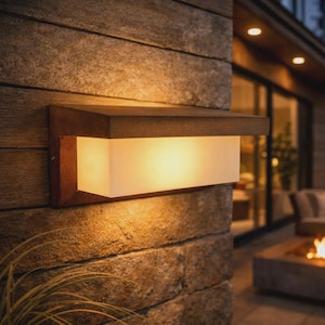 Op de afbeelding: Een rechthoekige buitenlamp met een donker, getextureerd metalen frame en een opvallende overstekende kap. Het armatuur bevat een matglazen paneel dat een warm, zacht, diffuus geel licht uitstraalt op de stenen muur.
