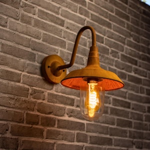 Può includere: Un'applique da parete arancione rugginosa con una lampadina a globo in vetro trasparente. L'applique ha un braccio curvo e un paralume largo e piatto con un interno rosso.