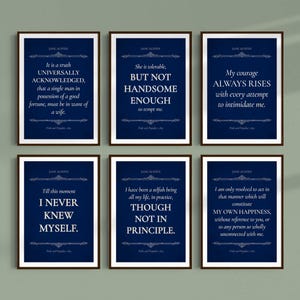 May include: Six framed prints with quotes from Jane Austen novels. Each print has a navy blue background with white text and a decorative border. The quotes include lines from "Pride and Prejudice" and other works.
