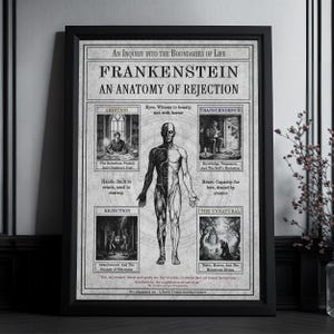 May include: Framed black and white print titled "Frankenstein: An Anatomy of Rejection." The artwork features anatomical illustrations and text, exploring themes of ambition, rejection, and transcendence. The print is in a black frame.