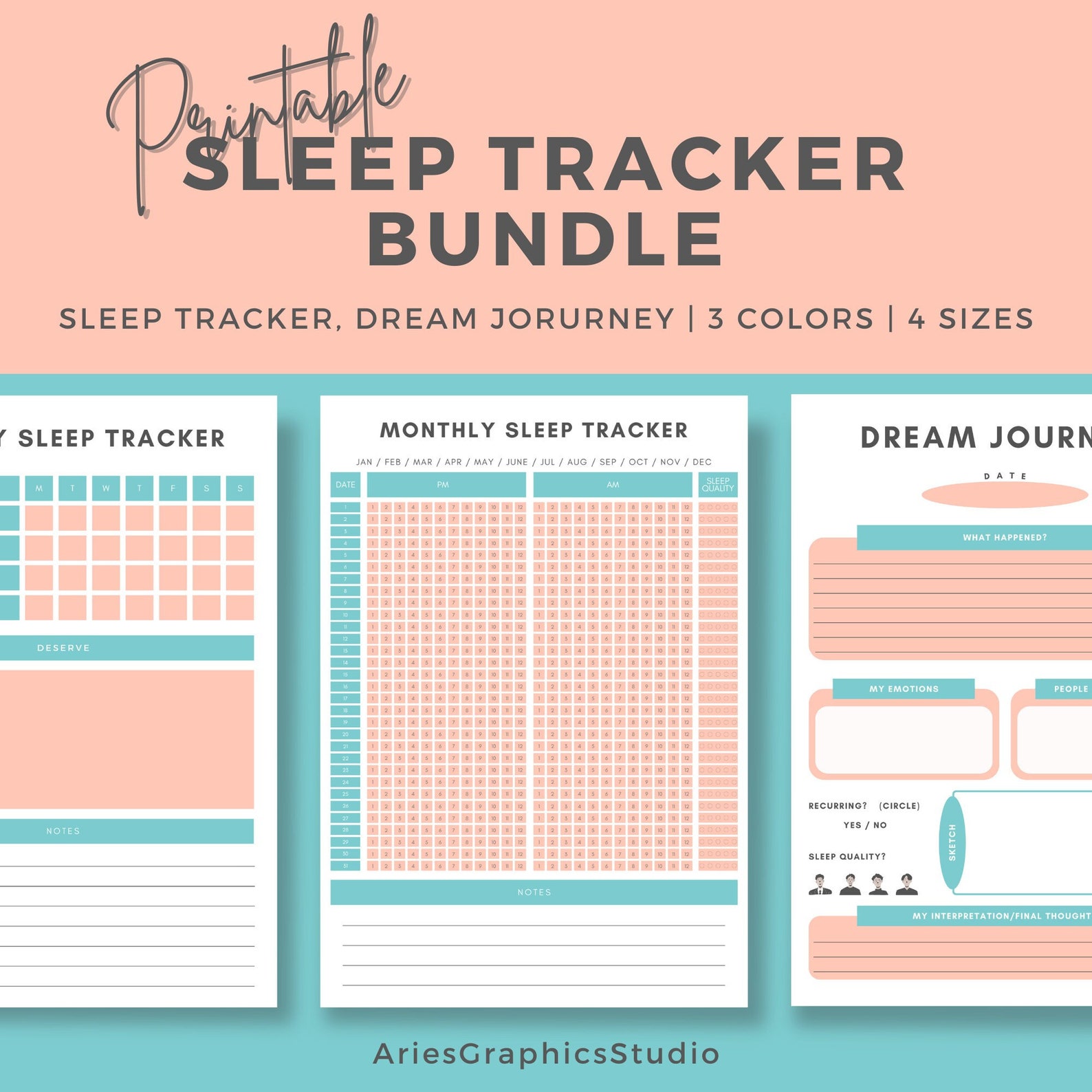Printable Sleep Tracker Dream Journal Monthly / Weekly Sleep Log ...