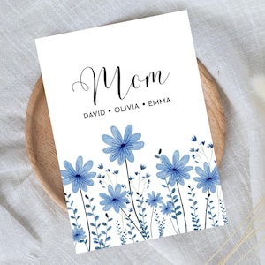 Tarjeta floral personalizada para el Día de la Madre / Tarjeta de regalo única para mamá 2025 / Flores azules de acuarela / Tarjeta de felicitación digital ecológica personalizada