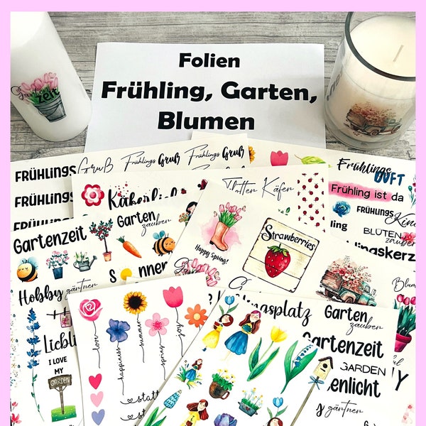 Kerzentattoo FRÜHLING / GARTEN / BLUMEN, diverse Folien zur Auswahl, Kerzenfolie, Kerzensticker, Wasserschiebefolie -weitere im Shop!