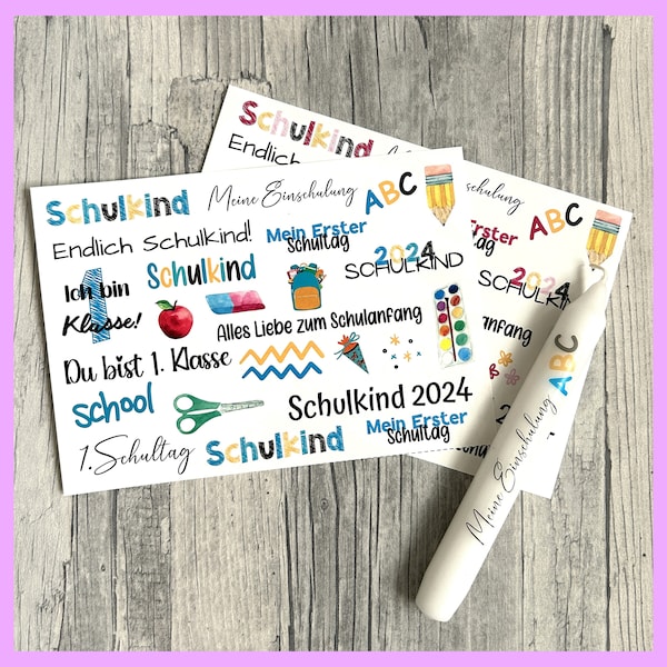 Kerzenfolie EINSCHULUNG, A5, Wasserschiebefolie, Kerzentattoo, Kerzensticker, Kerzen beschriften, Schulkind, 1.Schultag -weitere im Shop!