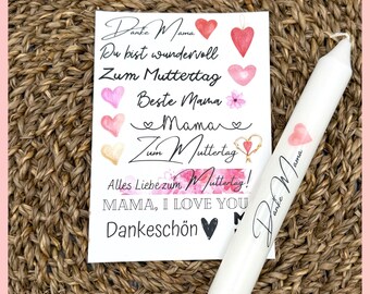Kerzentattoo MUTTERTAG, A6, Wasserschiebefolie, Kerzenfolie Muttertag, Kerzensticker, Kerzen beschriften als Muttertagsgeschenk für Mama.