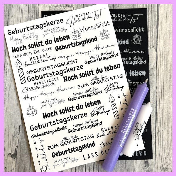 Kerzenfolie HIPP HIPP HURRA weiß o. schwarz,  A4, Wasserschiebefolie, Kerzentattoo, Kerzensticker, Tattoofolie, Geburtstag -weitere im Shop!