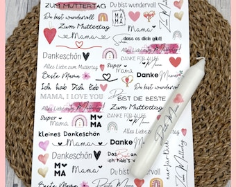 Kerzentattoo MUTTERTAG, A4, Wasserschiebefolie, Kerzenfolie Muttertag, Kerzensticker Muttertag, Mama, Kerzen beschriften -weitere im Shop!