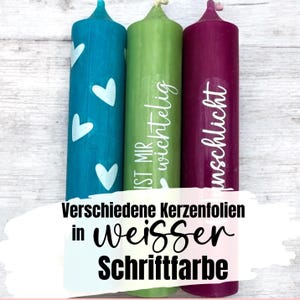 Kerzentattoo WEISS, diverse Folien zur Auswahl, toll auf farbige Kerzen, Kerzenfolie, Kerzensticker, Wasserschiebefolie, weiße Schrift, weiß