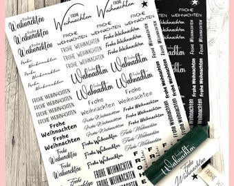 Kerzentattoo Weihnachten, FROHE WEIHNACHTEN XS, für kurze Stabkerzen, schwarz, weiß, gold u. silber matt, A4, Kerzentattoo Weihnachten, etc.