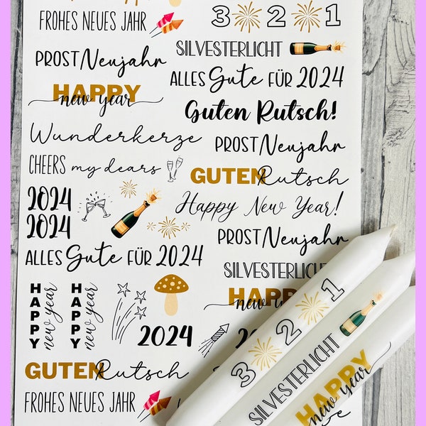 Kerzenfolie HAPPY NEW YEAR, A4, Wasserschiebefolie, Kerzentattoo, Kerzensticker, Tattoofolie, Silvester, Neujahr, 2014 -weitere im Shop!