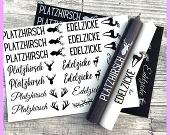 Kerzenfolie PLATZHIRSCH / EDELZICKE, weiß o. schwarz, A5, Wasserschiebefolie, Kerzentattoo, Kerzensticker, Hirsch, Zicke