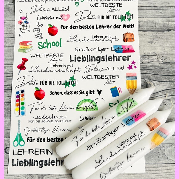 Kerzenfolie LEHRERIN, A4, Wasserschiebefolie, Kerzentattoo, Kerzensticker, Tattoofolie, Schule, Lehrer, Kerzen beschriften -weitere im Shop!