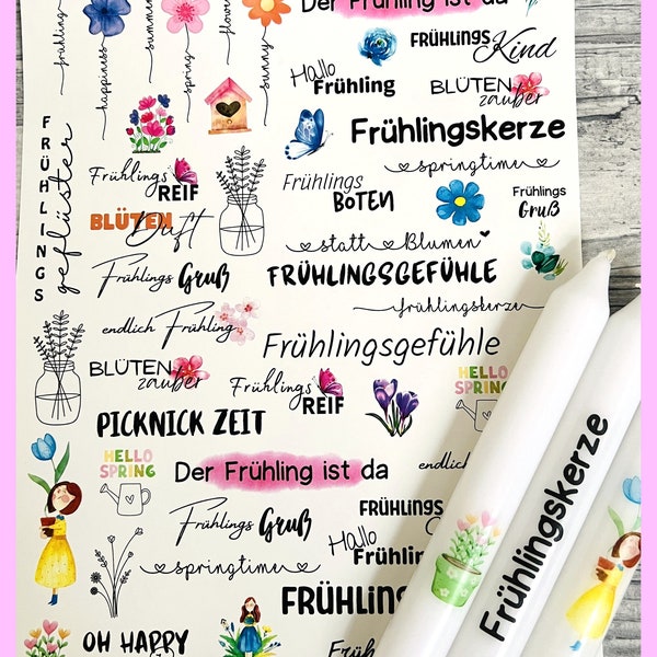 Kerzenfolie HALLO FRÜHLING, A4, Wasserschiebefolie, Kerzentattoo, Kerzensticker, Tattoofolie, Frühling, Kerzen beschriften -weitere im Shop!