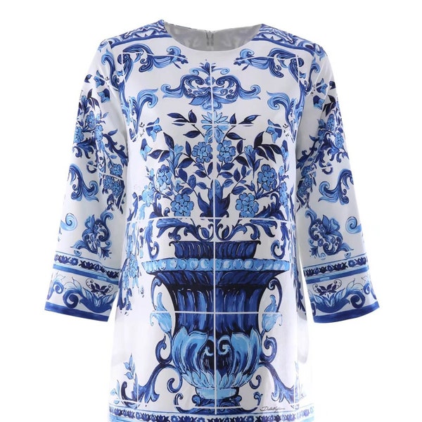 Handmade Italian designer Majolica print 3/4 sleeves mini dress, blue / white