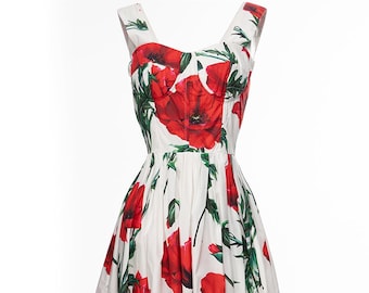 Handmade Italian designer Poppies print push up cotton dress