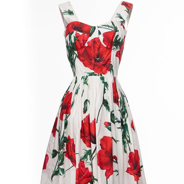 Handmade Italian designer Poppies print push up cotton dress