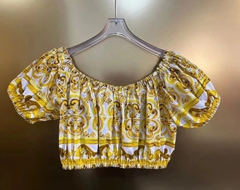 Handmade Italian designer Yellow majolica tiles print cotton top