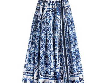 Handmade Italian designer Blue & White Majolica print cotton skirt