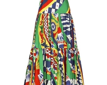 SUMMER 2024 Handmade Italian designer Caretto print layered cotton skirt, Sicily dress, Dolce vita dress