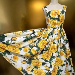 SUMMER 2024 Handmade Italian designer Yellow Roses print sleeveless cotton dress, Sicily dress, Tiles Porcelain print dress image 3