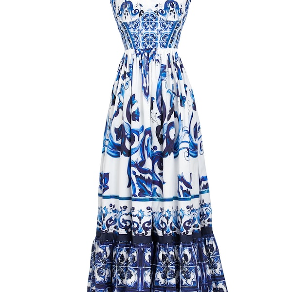 Handmade Italian Tiles Majolica print 100% cotton dress (blue), Porcelain Sicilian Dress, Mosaic Dress, Italian Summer Dress, Dolce Vita