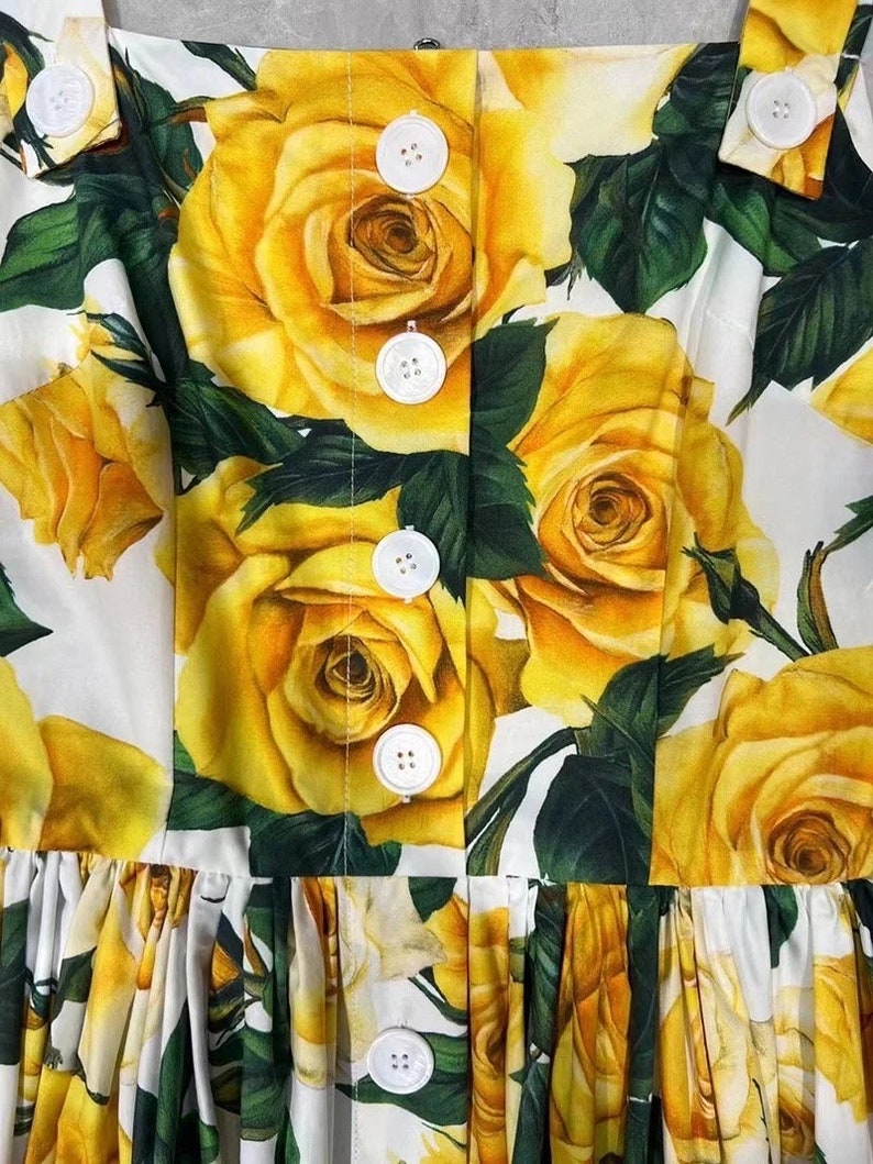 SUMMER 2024 Handmade Italian designer Yellow Roses print sleeveless cotton dress, Sicily dress, Tiles Porcelain print dress image 4