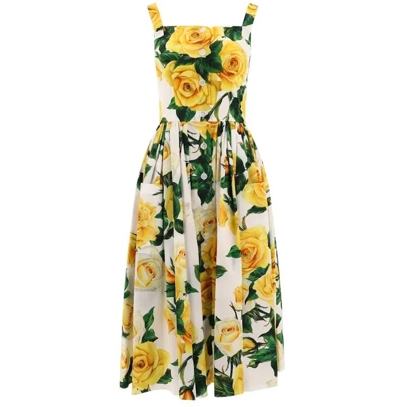 SUMMER 2024 Handmade Italian designer Yellow Roses print sleeveless cotton dress, Sicily dress, Tiles Porcelain print dress image 1