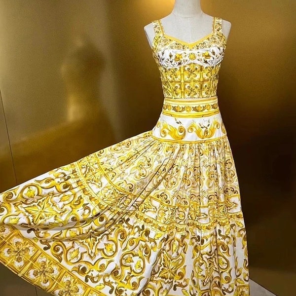 Handmade Italian designer Majolica print cotton skirt, yellow
