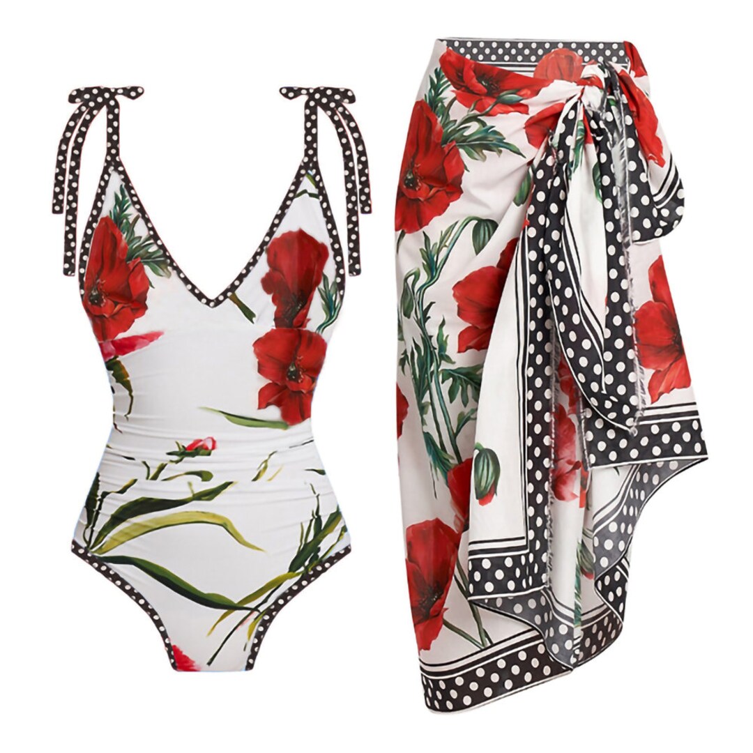 Italian Designer Carnation Print Swimsuit Matching Cover Up Etsy