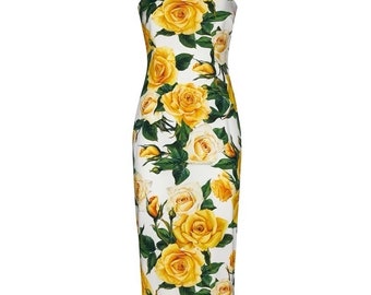 SUMMER 2024 Handmade Italian Yellow Roses print silk blend dress, Porcelain Sicilian Dress, Mosaic Dress, Italian Summer Dress, Dolce