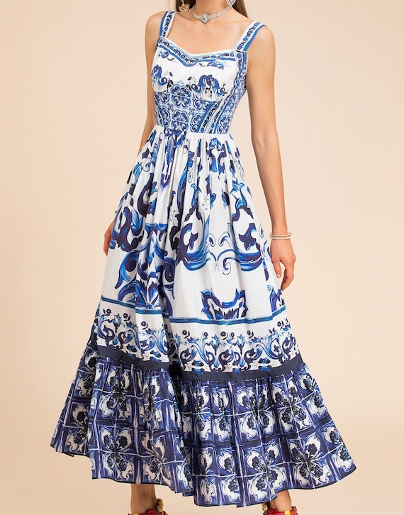 Dolce & Gabbana Majolica Tile-Print Dress in Blue