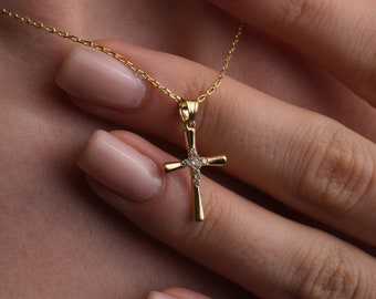 Elegant Tiny Diamond Cross Pendant, Minimalist Christian Jewelry Gift for Women, Handmade Diamond Necklace, Mothers Day Gift For Mom