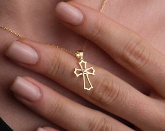 14K Gold Tiny Diamond Cross Necklace, Religious Pendant For Women, Gift For Christian, Mothers Day Gift For Mom, Handmade Crucifix Necklace