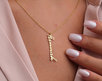 14K Solid Gold Personalized Name Necklace, Birthday Gift For Her, Mothers Day Necklace, Handmade Vertical Name Jewelry, Mother Gift